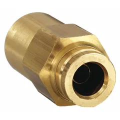 Brass push-to-connect adapter fitting with 1/2 in OD tube connection and 1/2 in female NPT thread. Used in pneumatic and air brake systems to connect tubing to threaded ports without tools.