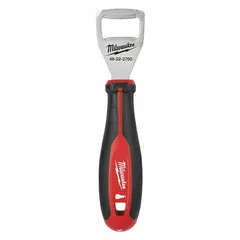 This MILWAUKEE bottle opener is a handheld tool designed for opening pry-off bottle caps. It measures 9 3/4 inches in length and 1 1/4 inches in width, with a black finish. Suitable for use in break rooms, job sites, and maintenance areas.