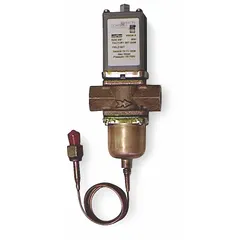 Two-way, pressure-actuated water regulating valve with brass body. Adjustable pressure range 70 psi to 260 psi, maximum flow 29 gpm. Designed for use with R-134A refrigerant in refrigeration systems to modulate water flow and maintain stable condensing pressure.