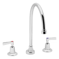 Brass construction with polished chrome finish. Widespread handle bathroom faucet with gooseneck design. Flow rate 0.5 gpm. NPS connections. Suitable for commercial and residential washroom applications.
