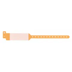 Plastic security wristband in orange, supplied in packs of 500. Each wristband measures 11 3/4 inches in overall length and 1 5/8 inches in overall width. The blank surface allows custom marking for identification and access control applications.