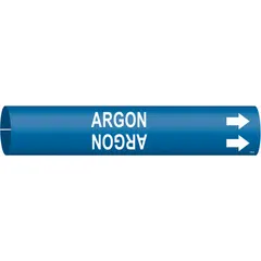 Blue pipe marker with white legend reading 'Argon' and directional arrows. Fits pipe outer diameters from 1-1/2 to 2-3/8 inches. Used to identify argon gas lines in industrial piping systems for clear content labeling and safety compliance.