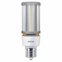 This PHILLIPS LED lamp features a corncob ED28 form factor with a Mogul Screw (EX39) base. It offers selectable wattage of 18 W, 27 W, or 36 W and a fixed color temperature of 3000K. Designed for universal burning orientation, it is suitable for use in industrial and commercial fixtures such as warehouses, factories, and parking structures. Not shatter-resistant