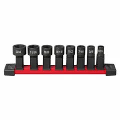 This 8-piece SAE impact socket set includes 6-point sockets in sizes 5/16 in, 3/8 in, 7/16 in, 1/2 in, 9/16 in, 5/8 in, 11/16 in, and 3/4 in. The INSIDER™ design features a friction retention mechanism for secure fastener engagement. Suitable for use with impact wrenches in automotive, construction, and industrial applications.