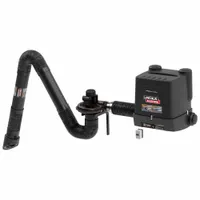 Wall-mount fume extractor with a 7 ft telescoping arm and 735 cfm airflow. Uses a MERV 14 filter to capture welding fumes and airborne particulates at the source. Operates on 120V nominal input voltage. Suitable for industrial welding shops and fabrication facilities