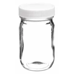 Clear wide mouth round glass bottle made from colorless soda lime glass. Features a 48-400 mm screw closure and 52 mm body diameter. Not graduated and not pre-cleaned. Suitable for general laboratory liquid storage, sampling, and transport. Supplied in a pack of 24 bottles.