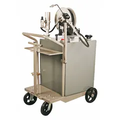 This air-operated drum pump system is mounted on a cart with an integrated tank for dispensing oil and other high-viscosity fluids. It features a 3:1 pressure ratio and a maximum flow rate of 4 gpm, handling fluids up to 14,000 cps and SAE viscosity grade 140. Suitable for lubricant transfer and bulk fluid handling in industrial settings.