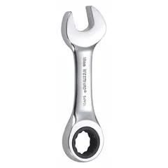 Alloy steel construction with a chrome finish. 18 mm 12-point ratcheting box end and open end. 5-inch overall length. For general fastening tasks on metric fasteners.