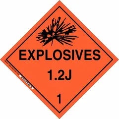 Class 1: Explosives placard measuring 10 3/4 in x 10 3/4 in with a label height of 10 3/4 in. Displays the message 'Explosives 1.2 J 1' for identifying hazardous materials during transport. Used to meet DOT placarding requirements for explosive materials.
