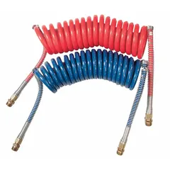 Coiled air brake assembly for service applications. Outer diameter 1/2 in, length 180 in. Used in air brake systems on heavy trucks and trailers to deliver compressed air for braking.