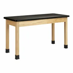 Fixed-height lab table with a black laminate countertop and oak wood finish. Overall height 30 inches, overall length 6 feet. Suitable for use in educational, industrial, and laboratory settings as a stable work surface for testing, assembly, or instruction.