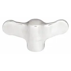 Wing knob with threaded hole for manual clamping, adjustment, and positioning on machinery and fixtures. Stainless steel construction provides corrosion resistance for washdown, food processing, and marine environments. 75 mm diameter, 3/8"-16 thread, 14 mm thread length.