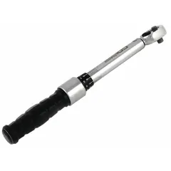 This ratcheting micrometer torque wrench has a 1/4 in drive and a torque range of 20 in-lb to 150 in-lb. It is used for precision tightening of fasteners in applications such as industrial assembly, automotive repair, and manufacturing. The tool provides dual-scale readings in inch-pounds and newton-meters. Not tether capable.