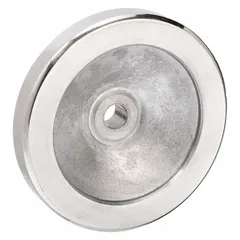 Solid hand wheel made of aluminum with a zinc-plated finish. Features a 125 mm diameter and a 1/2 in bore. Suitable for manual actuation of valves, machine adjustments, and positioning tasks in industrial machinery.