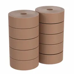 Nonreinforced kraft tape activated by water for sealing corrugated boxes and cartons. Each roll measures 2 13/16 inches by 450 feet, with a 5.8 mil thickness. Supplied in a 10-pack. Suitable for general packaging and shipping operations.