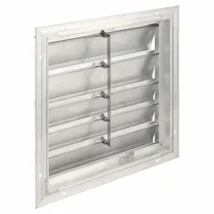 This wall-mount backdraft damper features extruded aluminum flat blades and is designed for horizontal airflow in a vertical mounting position. It prevents reverse airflow in exhaust systems, opening when the fan operates and closing automatically when the fan stops. Suitable for use with 18-inch fans in commercial or industrial ventilation applications. Maximum air velocity: 3250 fpm.