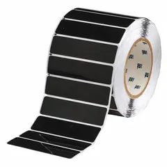 Polyester label roll with black gloss finish, 1 in x 4 in, 500 labels per roll. Compatible with BBP81 printer series. Used for industrial identification and panel marking in electrical panels, equipment labeling, and asset tracking.