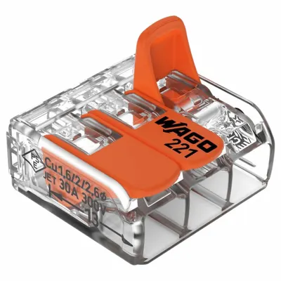 WAGO 221-613/K194-4045 3-Port Lever Wire Connector, 20-10 AWG Solid, 41 A, 600 V - Compact Lever Wire Connectors