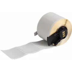 This precut label roll measures 1 1/2 in x 1 1/2 in and is made of polyester with metal-detectable properties. It is designed for use with the BMP61 printer series. Typical applications include labeling in environments where metal contamination must be avoided, such as food processing and pharmaceutical facilities.