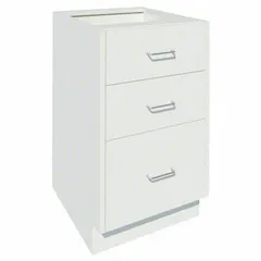 Steel base cabinet with three drawers, suitable for organized storage of tools, parts, and supplies in industrial workshops, warehouses, and maintenance facilities. Overall dimensions: 18 in width, 22 in depth, 32-5/8 in height. No shelves.