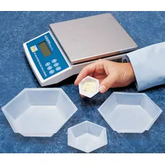 This white polystyrene weighing boat features a hexagon shape with a 350 mL capacity, suitable for weighing, transferring, and dispensing powders, granules, and small parts in laboratory and industrial settings. The non-sterile material is lightweight and chemical-resistant for general-purpose use. No finger tab included.
