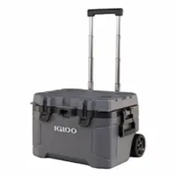 This IGLOO chest cooler holds 80 cans with a 52-quart capacity and provides up to 6 days of ice retention. It includes a drain plug and wheels for easy transport. Suitable for outdoor work sites, break areas, and other portable cooling needs