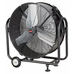 Mobile floor fan with 36-inch blade diameter, powered by a 115V AC, 1/2 hp motor. Direct-drive steel construction. Suitable for general air movement in industrial environments such as workshops, warehouses, and factories.
