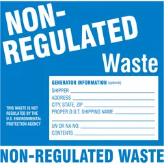 Paper label with white background, 6 inches by 6 inches, printed with the message 'This Waste is Not Regulated By The U.S Environmental Protection Agency'. Used for identifying non-regulated waste in industrial and commercial settings. Sold in packs of 100.