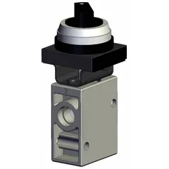 Manual air control valve with a black two-position twist actuator and 2 ports. Features 1/4 in NPT connections. Used to direct compressed air flow in pneumatic systems for applications such as machine tools, packaging, and automation.