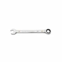 Alloy steel construction with full polish chrome finish. 22 mm head size, 12-point ratcheting box end for use in confined spaces. Standard-length design suited for general maintenance, assembly, and mechanical tasks.
