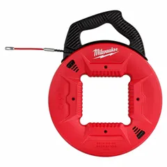 Non-conductive fish tape with 100 ft spiral polyester tape for pulling cables through conduit. Features manual wind retraction and an internal rotating winder slide. Leader end style facilitates cable attachment. Suitable for routing wires in electrical installations.