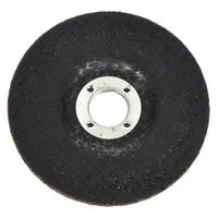 General purpose grinding wheel for carbon and stainless steel. Type 27 depressed center design with aluminum oxide abrasive, 24 grit, and A24R bond. Measures 5" diameter, 1/4" thickness, with 5/8"-11 arbor hole. Suitable for material removal, blending, and surface preparation in fabrication and maintenance tasks