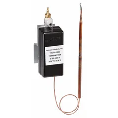 This direct-acting pneumatic temperature transmitter uses a remote bulb element to sense duct air temperature and transmit a proportional pneumatic signal. It mounts on ductwork, operates over a 40°F to 240°F range with a 20 psi to 25 psi supply, and features a 1/8-inch barb air connection. Typical applications include HVAC zone temperature control in commercial building automation.