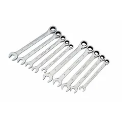 This 10-piece set includes SAE and metric combination wrenches with a 12-point ratcheting box end for faster fastener turning in confined spaces. Made of alloy steel with a full polish finish, the wrenches are stored in a tool roll for organization. Suitable for tightening and loosening fasteners in automotive repair, machinery maintenance, and general assembly tasks.