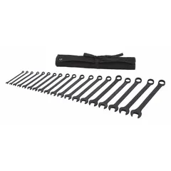 This 19-piece set includes metric 12-point combination wrenches with a black oxide finish and a 15° head offset angle. The offset design provides clearance over obstructions. Suitable for tightening or loosening fasteners in maintenance, repair, and assembly tasks.