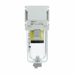 SMC AFM20-N01-CZ-D is a compressed air filter with water separator for pneumatic systems. It features 1/8 in NPT ports, 0.3 micron filtration, 7.1 cfm flow capacity, and 145 psi maximum operating pressure. Used to remove moisture and particulates from compressed air lines.