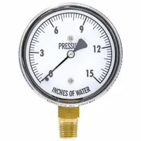 The WGTC 25KL4LBW is a low operating pressure differential gauge from the 25KL4 series. It features a Schaffer diaphragm sensor, ±1.5% gauge accuracy, and a 1/4 in NPT male brass connection with IP52 rating. This gauge is used to measure low differential pressure in HVAC, filtration, and industrial process systems for monitoring filter condition, airflow, or liquid levels. Certificate of calibration is not included
