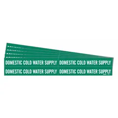 Green adhesive pipe markers with white legend text reading 'Domestic Cold Water Supply'. Designed for pipe outer diameters from 3/4 to 2-3/8 inches. Pack of 5 markers without arrows. Used to identify domestic cold water supply lines in plumbing systems.