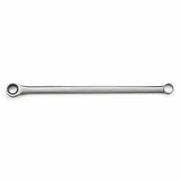 This metric double-end 12-point ratcheting box end wrench has a 10 mm head size and a 9 1/2 in overall length. It is made of steel with a chrome finish. The ratcheting box end design allows fast fastener turning in confined spaces without repositioning the tool. Commonly used for tightening or loosening metric fasteners in mechanical and maintenance tasks