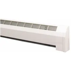 White extruded aluminum right hand hinged end cap for hydronic baseboard heater assemblies. Provides a finished trim appearance at the end of a heater run. Measures 4 in x 9 in x 3-1/2 in (L x H x D).