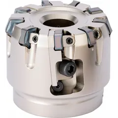 Indexable face mill with 70-degree lead angle, MFK style. Designed for face milling operations on steel, stainless steel, and cast iron. Uses indexable inserts for cost-effective cutting in roughing and finishing applications.