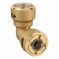 This brass push-to-connect elbow fitting connects two 3/8 in OD tubes with a 90-degree angle. It allows tool-free installation and removal, suitable for pneumatic or fluid systems in industrial environments