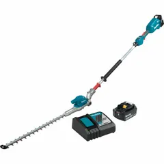 This battery-powered extended-reach hedge trimmer operates on the MAKITA LXT platform at 18 V. It features a 20 in blade length and a 3/8 in cutting width, suitable for trimming tall hedges, shrubs, and bushes in landscaping and grounds maintenance applications.