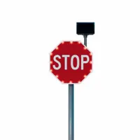 This 48-inch nominal solar-powered stop sign features an aluminum R1-1 MUTCD design with 0.08-inch thickness and Diamond-grade retroreflective sheeting. It is used for traffic control at intersections, crosswalks, and school zones, meeting MUTCD standards for high-visibility stop-sign applications