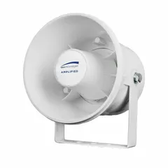 1-way indoor horn speaker with 8 ohm impedance. Overall dimensions 6 inches width and 6 inches height. Suitable for public address applications in environments such as factories, warehouses, schools, and commercial buildings.