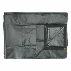 Standard-duty 10 mil vinyl tarp measuring 20 ft long by 7.5 ft wide. Black PVC-coated fabric weighs 12 oz/sq yd. Designed for high-heat asphalt industrial covering applications such as protecting equipment and materials in paving and construction environments.