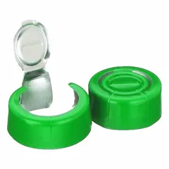 Green aluminum snap on bottle caps for sealing laboratory vials and sample containers. Unlined and non-vented, these caps provide a tamper-evident closure for general-purpose storage or transport of reagents, solvents, and biological samples. Pack of 1000 closures.