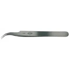 Stainless steel high-precision tweezers with a point, curved tip and 0.41 mm tip thickness. Smooth finish reduces risk of scratching sensitive components. Suitable for handling small parts in electronics assembly, laboratory work, and fine mechanical tasks.