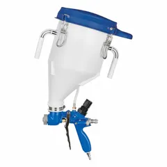 Steel-bodied HVLP spray gun for applying coatings. Features a 4 mm nozzle, 9 cfm air consumption at 40 psi, and 100 psi maximum working pressure. Suitable for industrial finishing, maintenance, and production applications on metal, wood, and plastic surfaces.