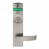 Single-cylinder office lever lockset in satin chromium-plated steel. ADA compliant with locked/unlocked functionality. Suitable for interior commercial doors in office environments requiring accessibility and basic security